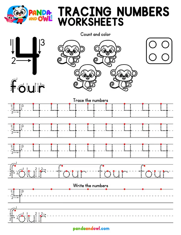 Free Printable Tracing Numbers 1-10 Worksheets PDF for Preschool and Kindergarten Kids - Number 4 - Panda and Owl Free Printable Tracing Numbers 1-10 Worksheets PDF for Preschool and Kindergarten Kids - Number 4 - Panda and Owl