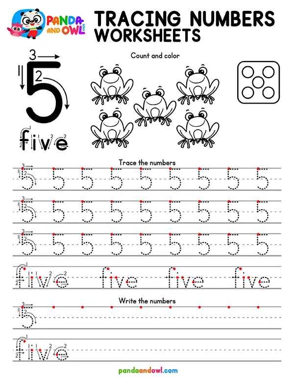 Free Printable Tracing Numbers 1-10 Worksheets PDF for Preschool and Kindergarten Kids - Number 5 - Panda and Owl Free Printable Tracing Numbers 1-10 Worksheets PDF for Preschool and Kindergarten Kids - Number 5 - Panda and Owl