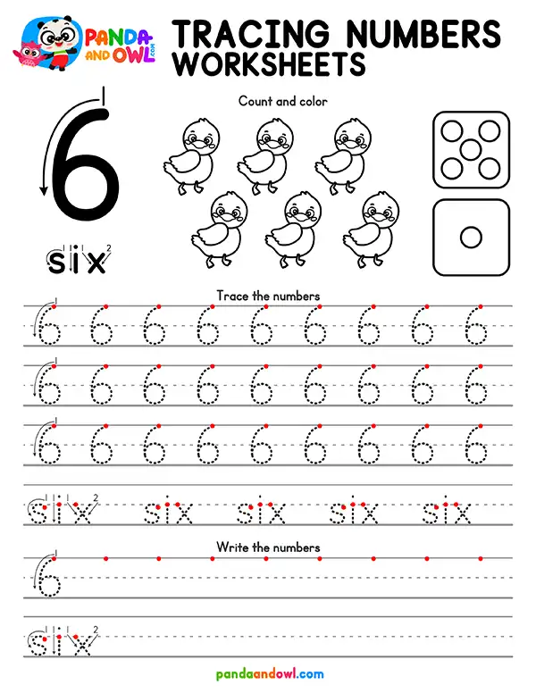 Free Printable Tracing Numbers 1-10 Worksheets PDF for Preschool and Kindergarten Kids - Number 6 - Panda and Owl Free Printable Tracing Numbers 1-10 Worksheets PDF for Preschool and Kindergarten Kids - Number 6 - Panda and Owl