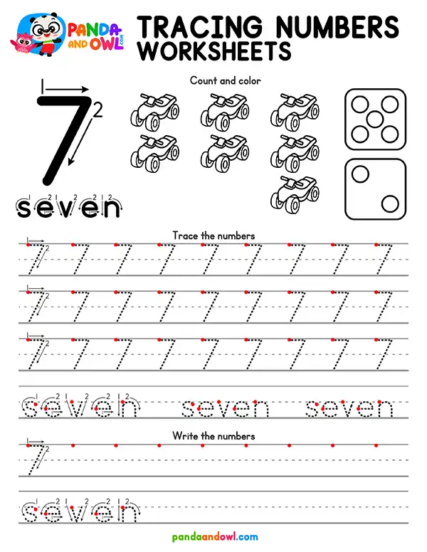 Free Printable Tracing Numbers 1-10 Worksheets PDF for Preschool and Kindergarten Kids - Number 7 - Panda and Owl Free Printable Tracing Numbers 1-10 Worksheets PDF for Preschool and Kindergarten Kids - Number 7 - Panda and Owl