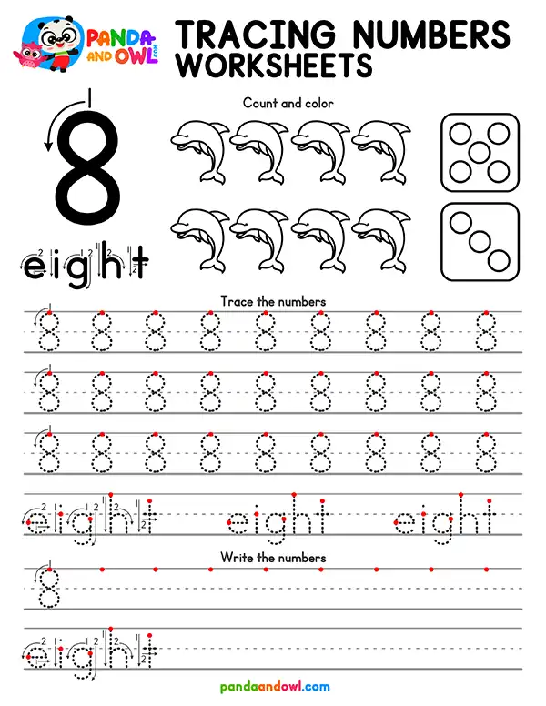 Free Printable Tracing Numbers 1-10 Worksheets PDF for Preschool and Kindergarten Kids - Number 8 - Panda and Owl Free Printable Tracing Numbers 1-10 Worksheets PDF for Preschool and Kindergarten Kids - Number 8 - Panda and Owl