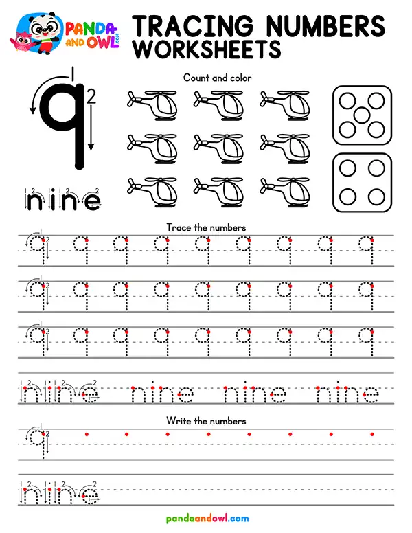 Free Printable Tracing Numbers 1-10 Worksheets PDF for Preschool and Kindergarten Kids - Number 9 - Panda and Owl Free Printable Tracing Numbers 1-10 Worksheets PDF for Preschool and Kindergarten Kids - Number 9 - Panda and Owl